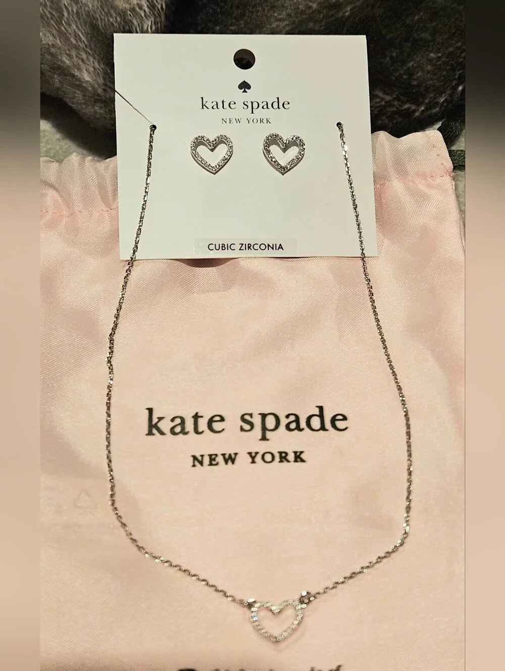 Kate Spade Silver Open Heart Pavé Stud Earrings and Necklace